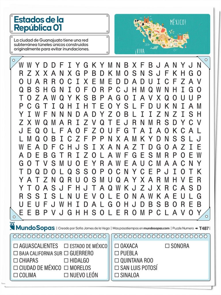 Sopa de Letras de los EStados de la Republica mexicana para imprimir