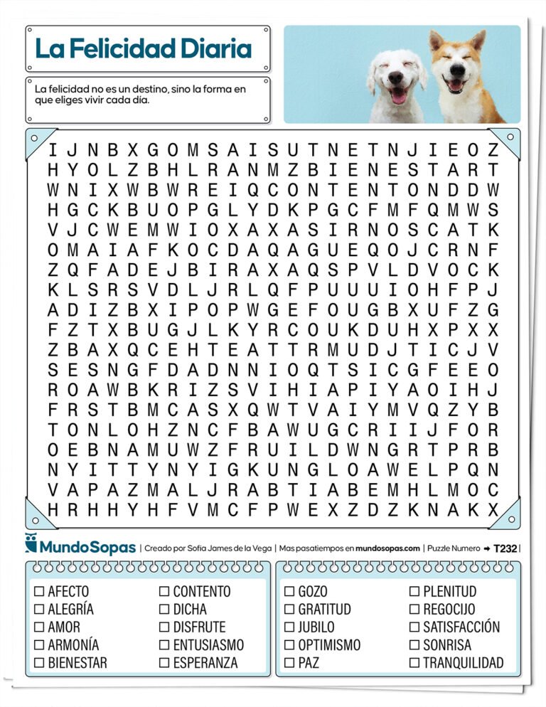 Sopa de letras sobre la felicidad para imprimir