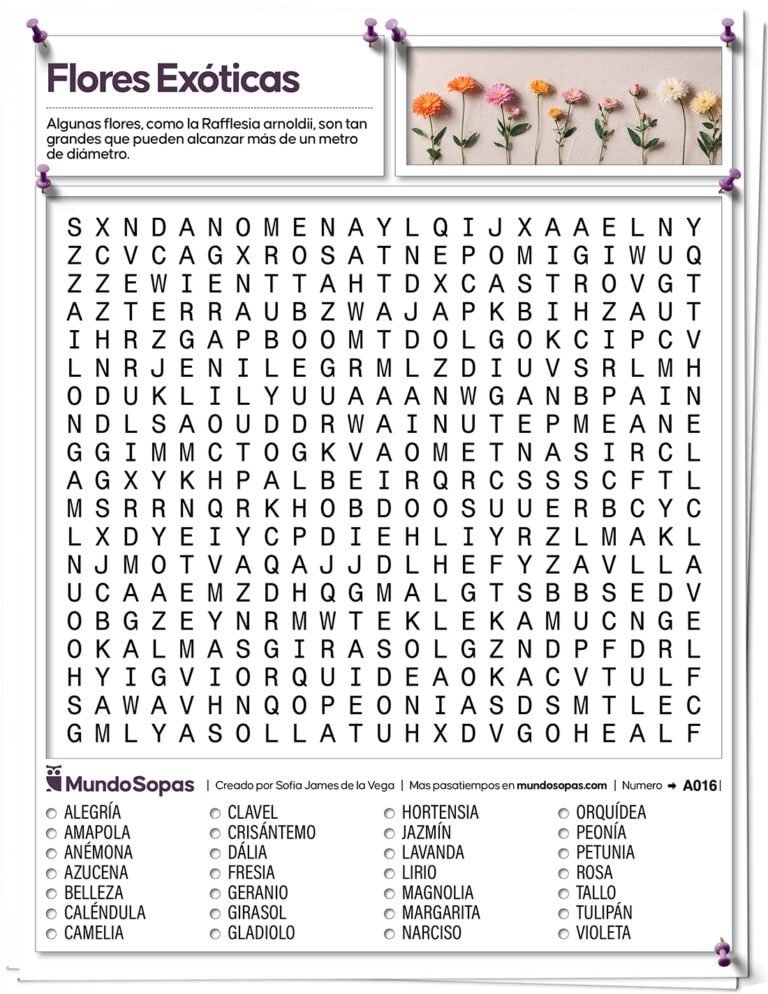 Sopa de Letras para Adultos sobre Flores Exoticas