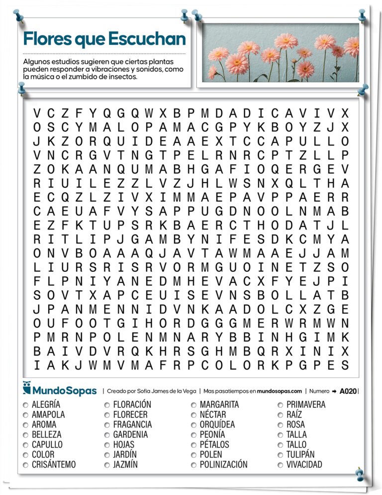 Sopa de letras para adultos sobre flores que escuchan para imprimir