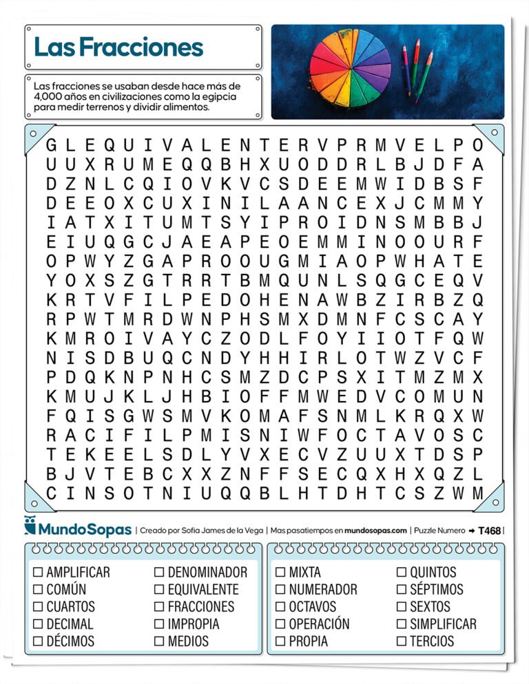 Sopa de letras sobre las fracciones para imprimir