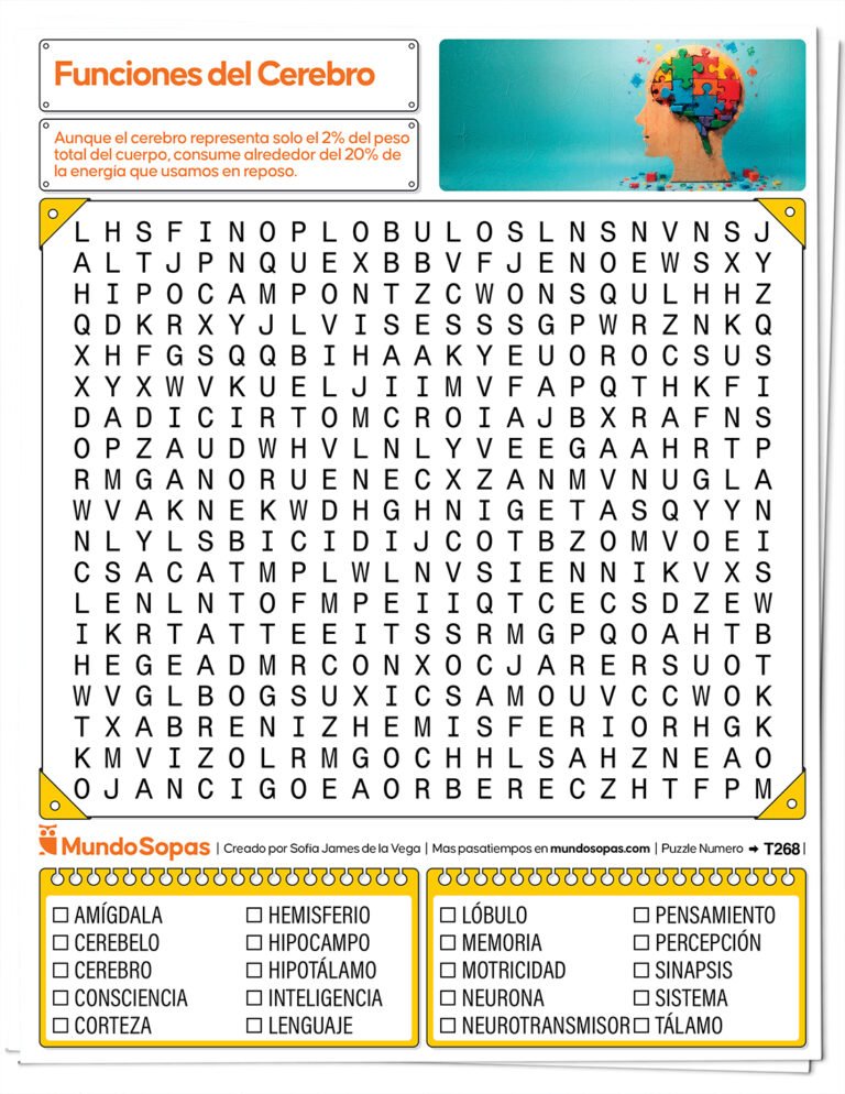 Sopa de letras sobre las funciones del cerebro para imprimir