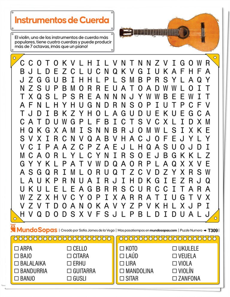 Sopa de letras de instrumentos de cuerda para imprirmir
