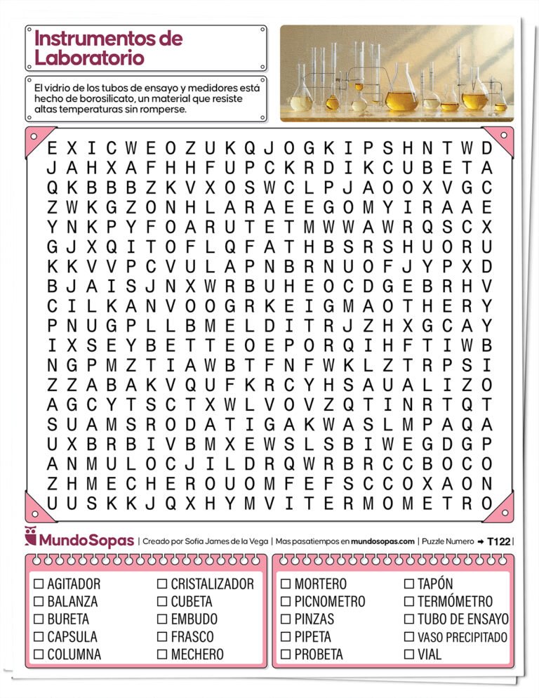 Sopa de letras de instrumentos de laboratorio para imprimir