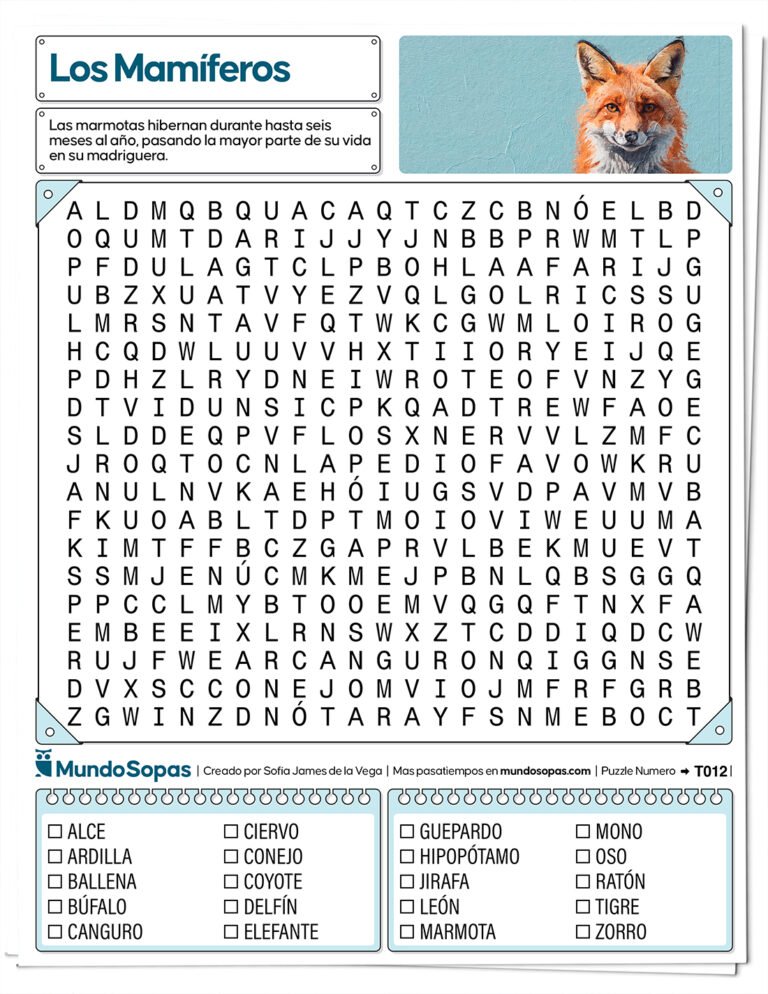 Sopa de Letras de animales mamíferos para imprimir