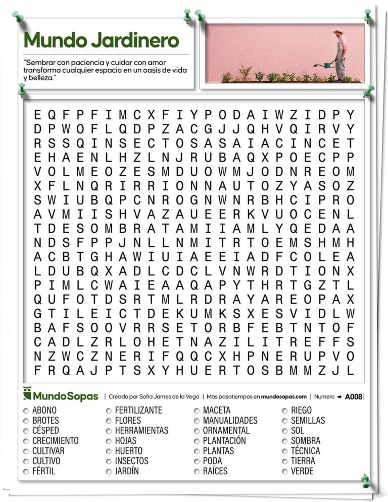 Sopa de Letras para adultos sobre el mundo de la jardineria