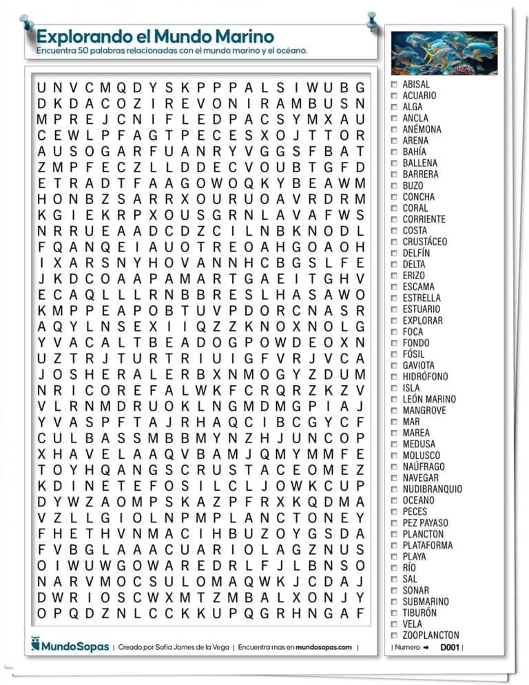 Sopa de Letras Dificil de Animales Marinos