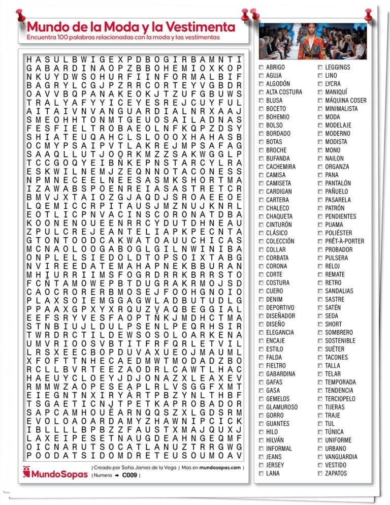 Sopa de Letras Muy Dificil sobre Moda y Vestimentas