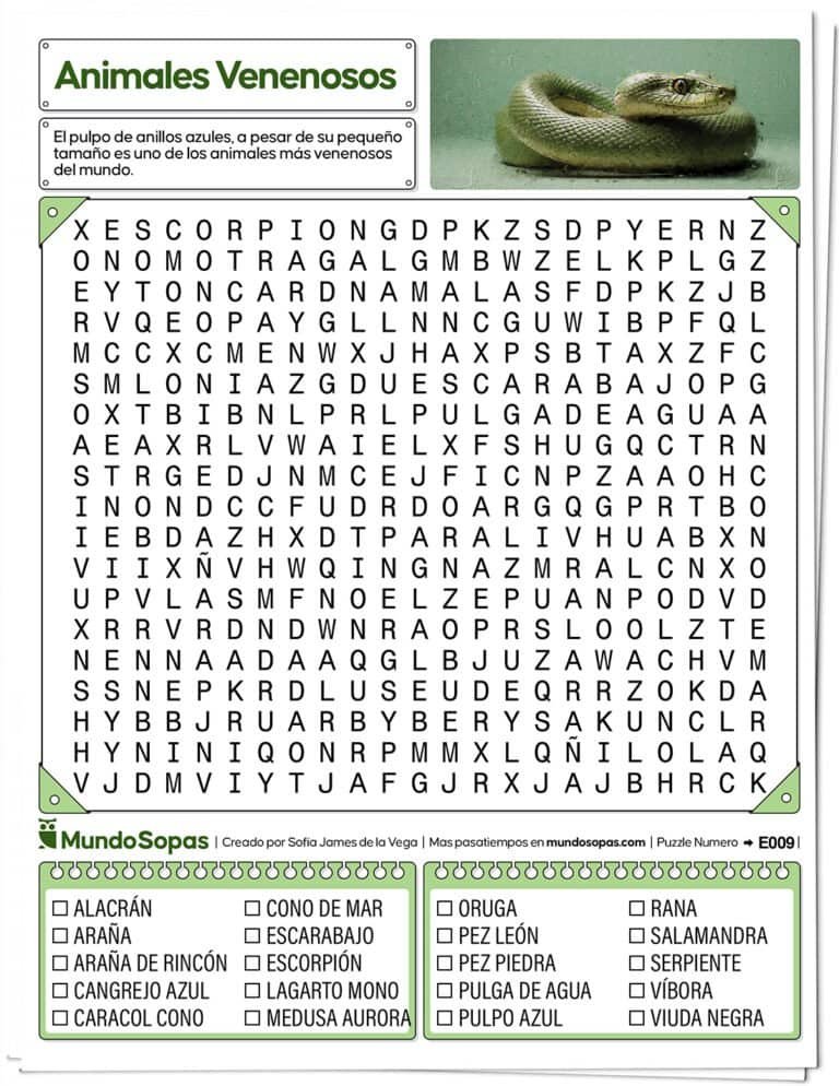 Sopa de Letras de animales venenosos de nivel intermedio de dificultad. Contiene palabras como vibora, serpiente o escorpión.