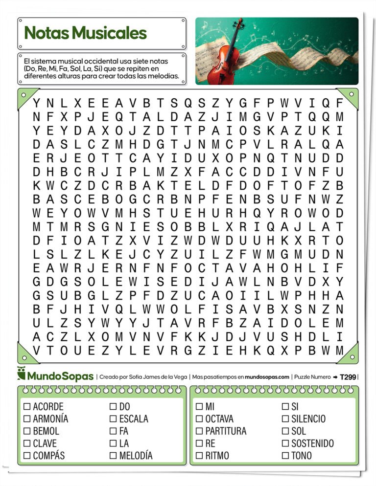 Sopa de letras sobre las notas musicales para imprimir