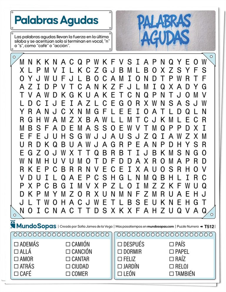 Sopa de letras de palabras agudas para imprimir