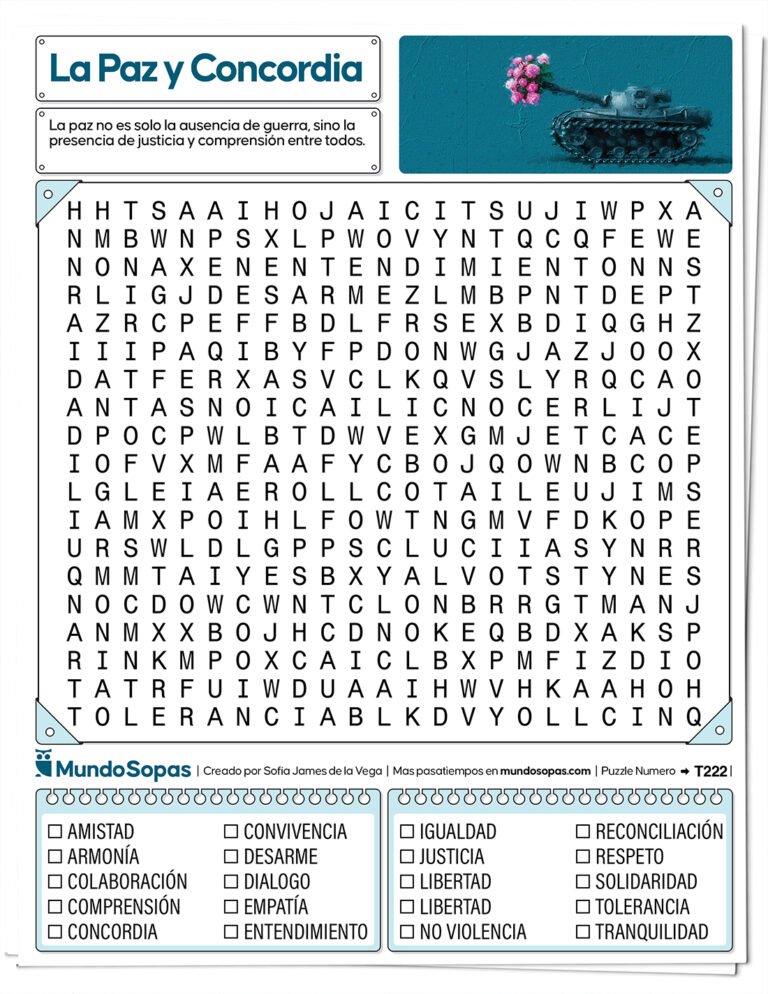 Sopa de letras sobre la paz para imprimir