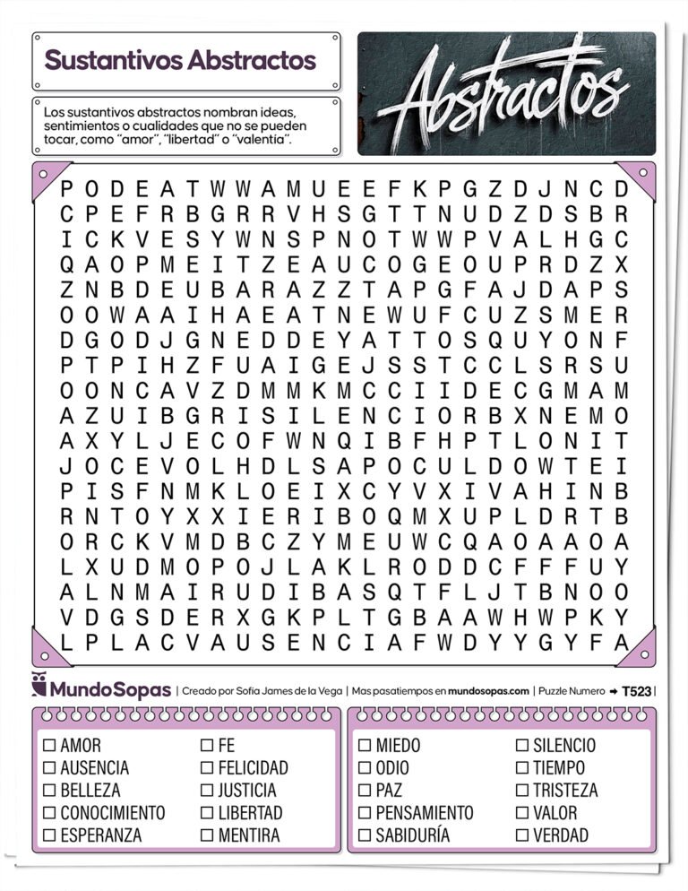 Sopa de letras sobre sustantivos abstractos para imprimir