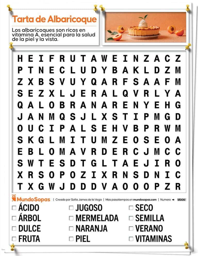 Sopa de Letras para personas mayores de titulo tarta de albaricoque. Contiene palabras para buscar como fruta, naranja, verano o vitaminas.