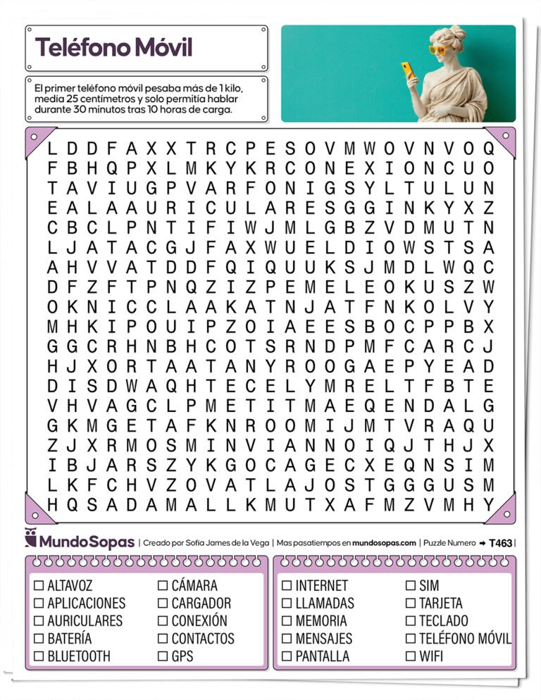 Sopa de letras sobre el teléfono móvil para imprimir