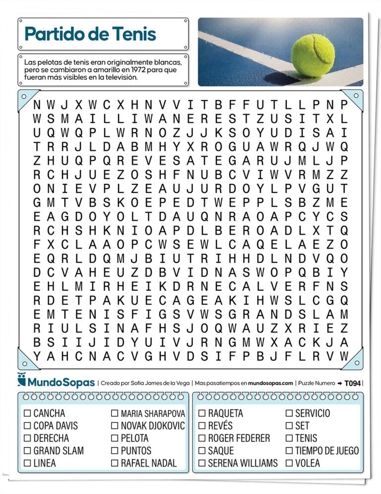 Sopa de letras de tenis para imprimir en PDF