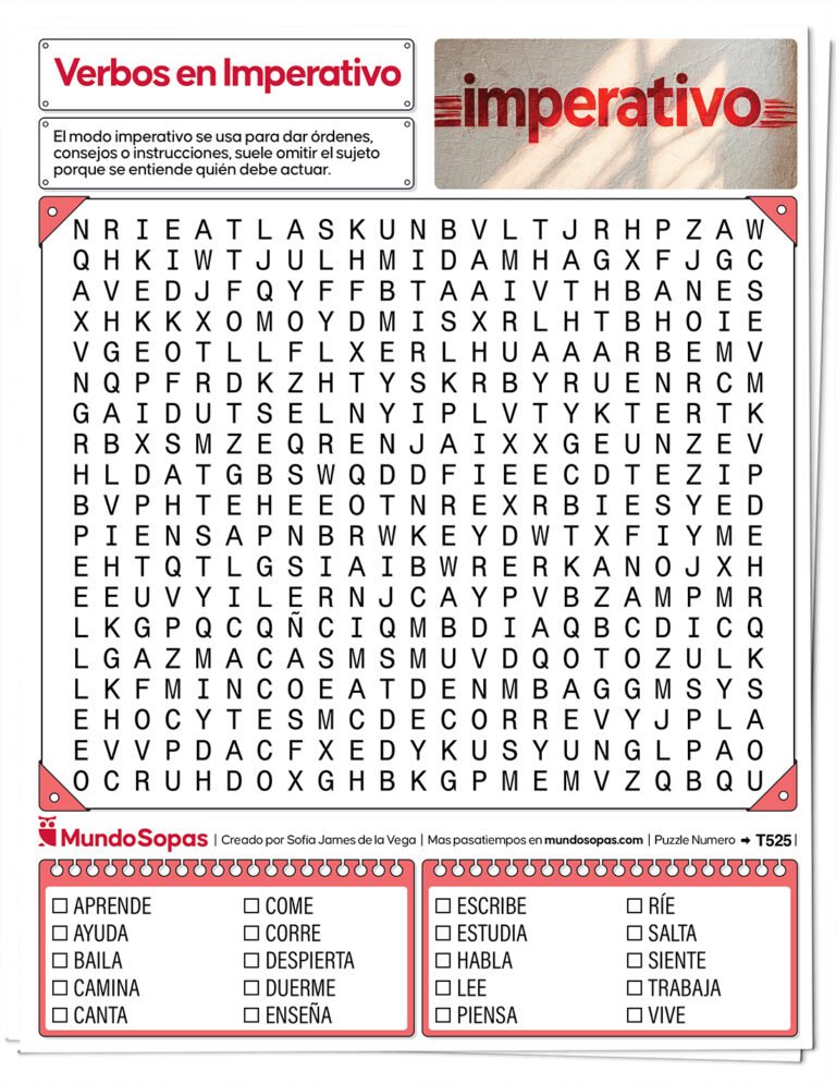 Sopa de letras de verbos en imperativo para imprimir