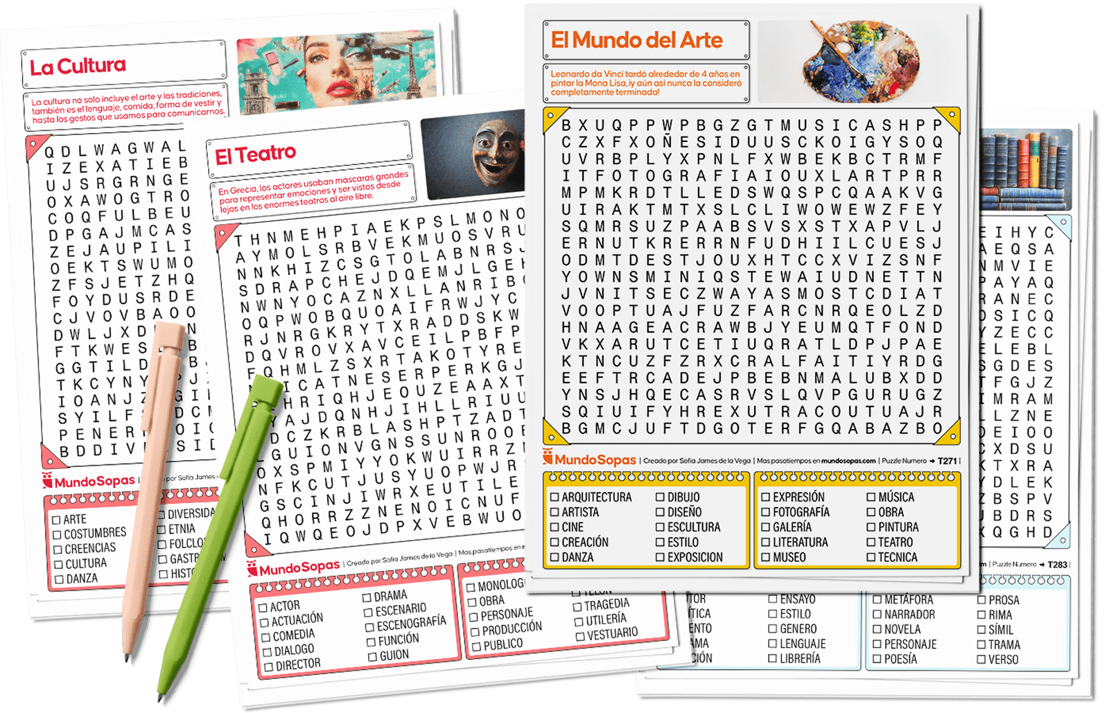 Selección de sopas de letras de arte y literatura para imprimir en PDF