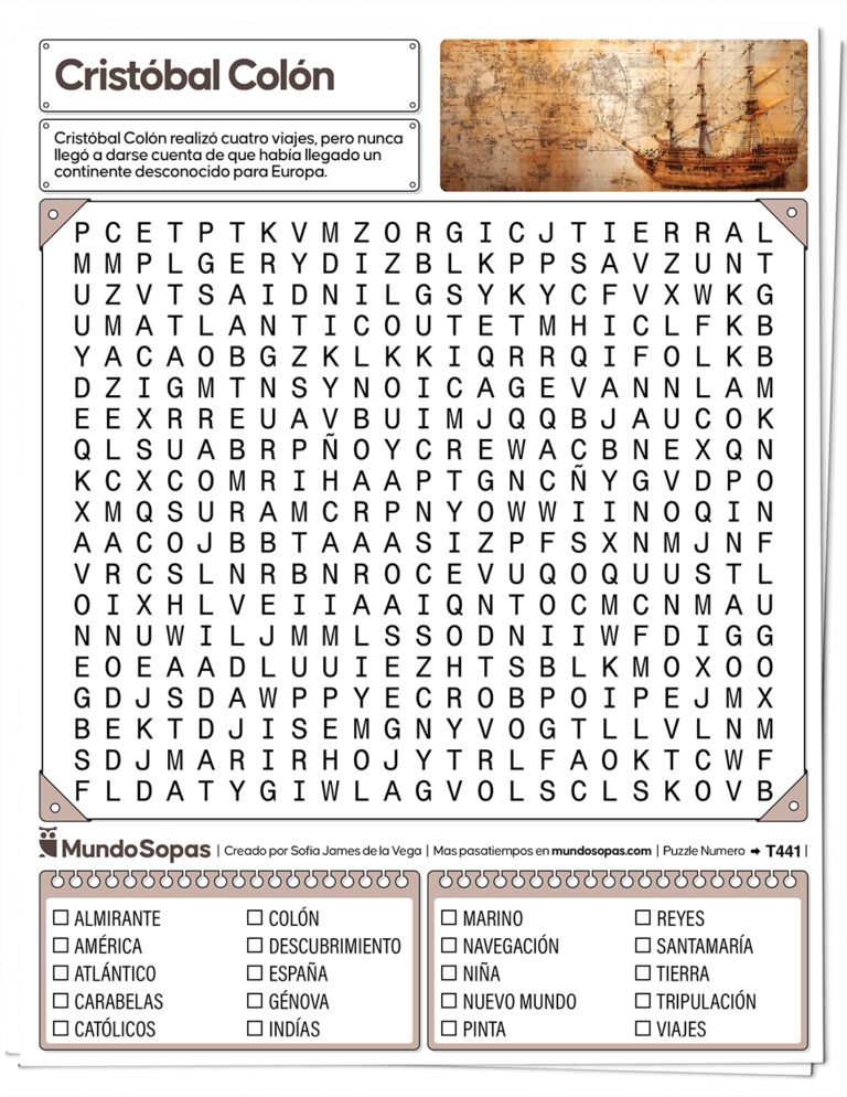 Sopa de letras de Cristobal Colon para imprimir