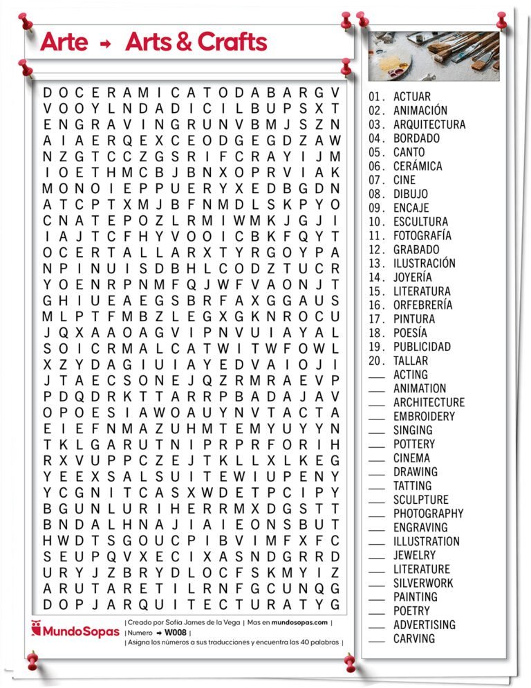 Sopa de Letras para Aprender Ingles con Vocabulario de Artes Visuales. Incluye palabras como Joyería, Pintura, Literatura o Escultura
