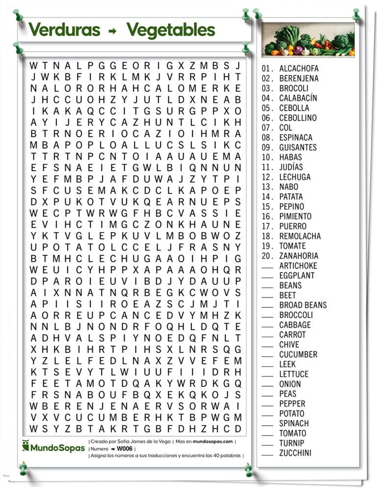Sopa de Letras en Ingles de Verduras para Imprimir