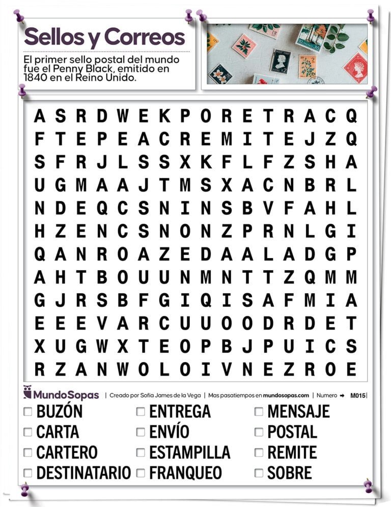 Sopa de letras sobre sellos y correos para personas mayores