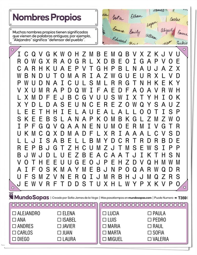 Sopa de letras con nombres propios para imprimir