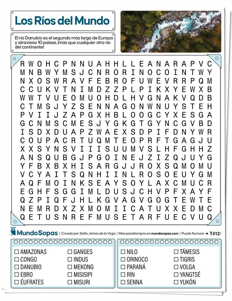 Sopa de letras de los ríos del mundo para imprimir