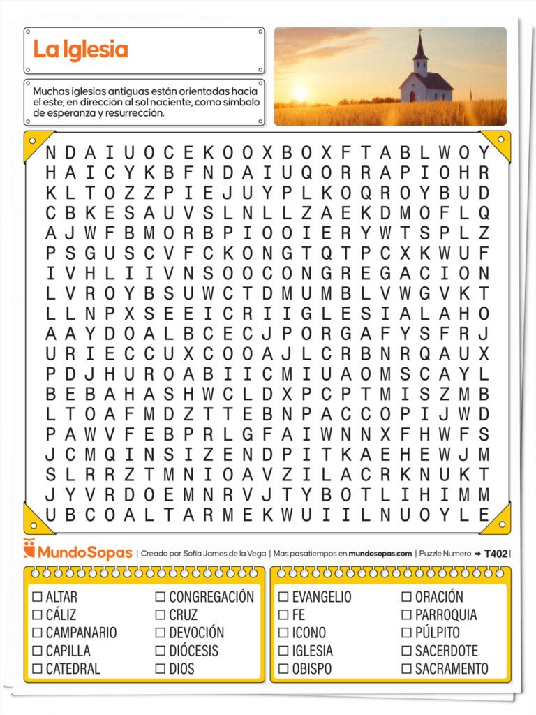 Sopa de letras sobre la iglesia para imprimir
