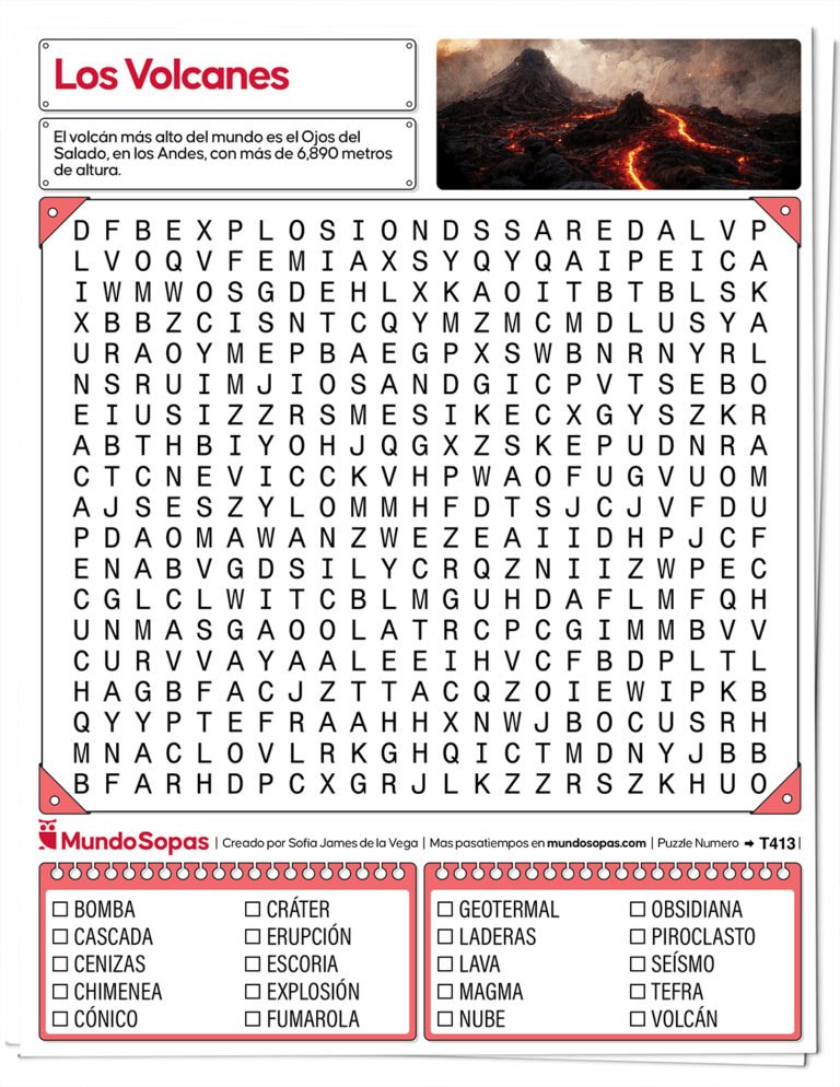 Sopa de letras sobre los volcanes para imprimir