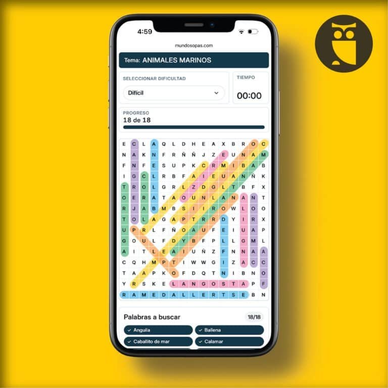 Telefono con app de sopa de letras de animales online mundo sopas