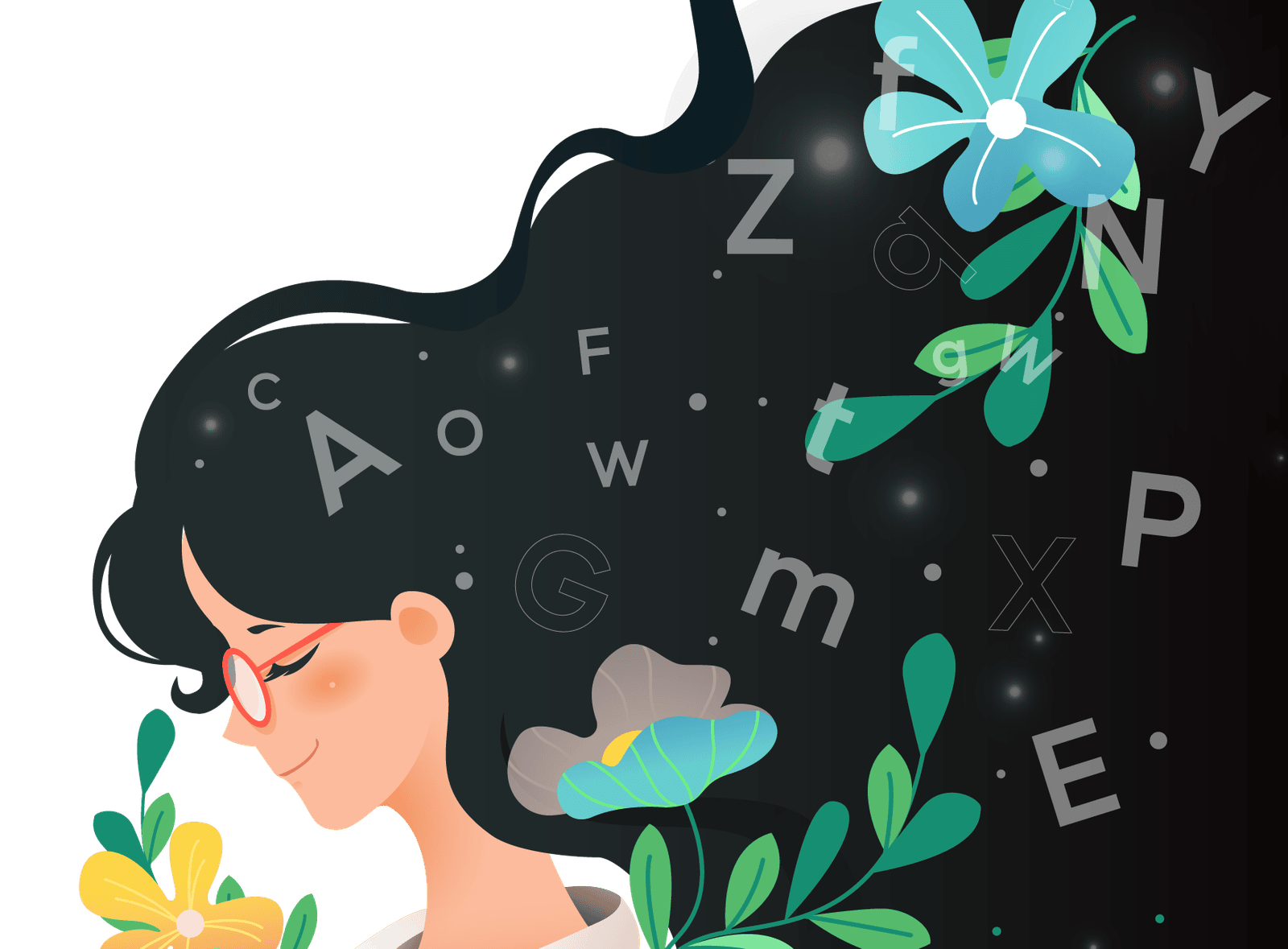 Ilustracion de una mujer con letras enredadadas en el pelo