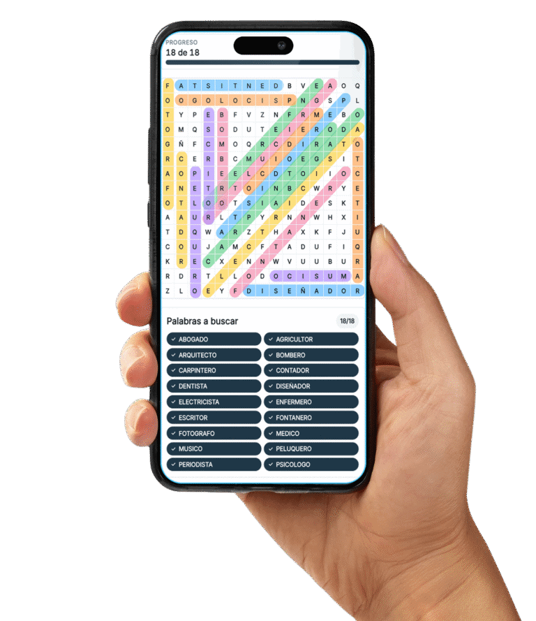 Mano sosteniendo telefono con sopa de letras online app