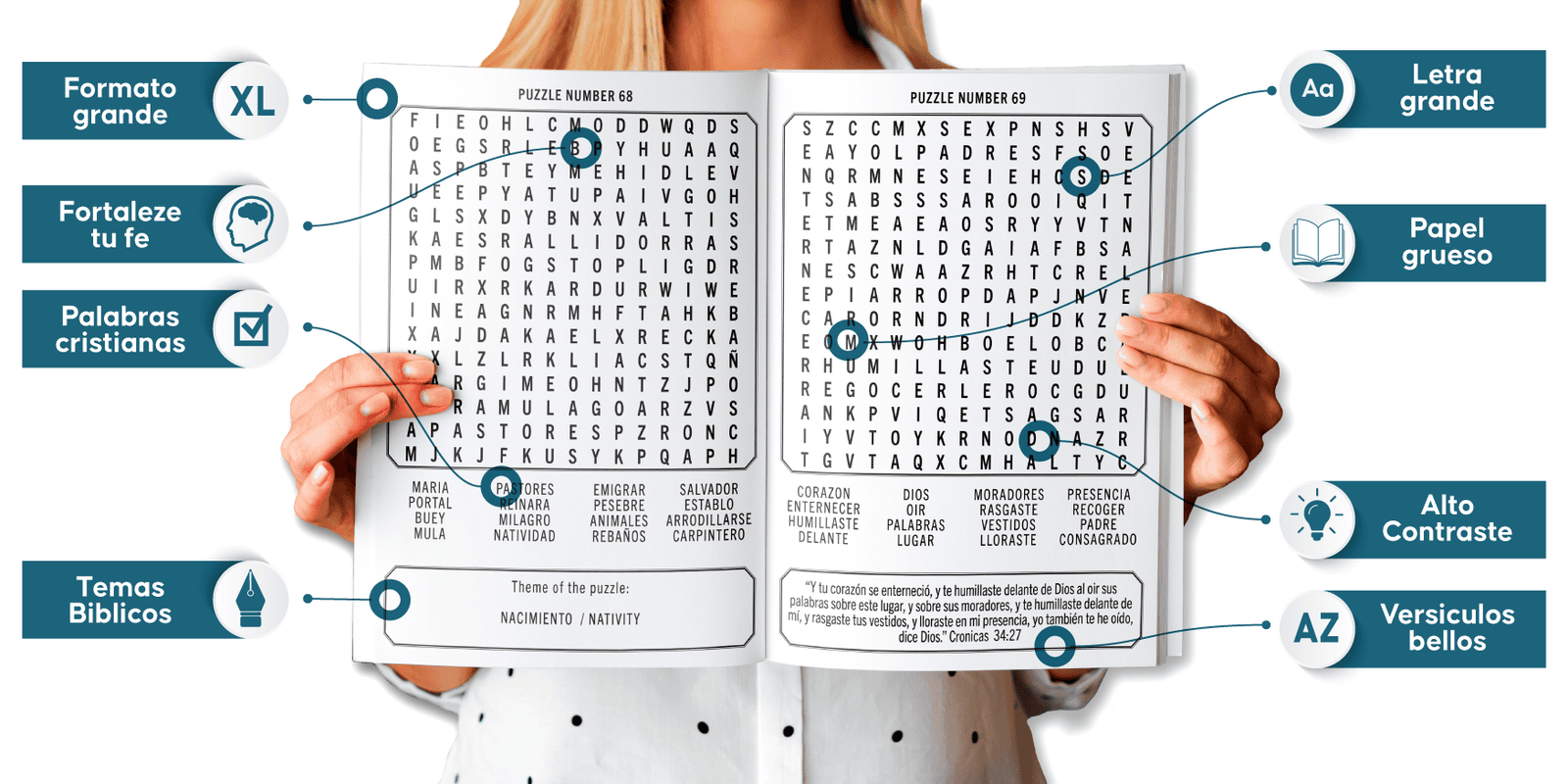 Mujer sosteniendo el libro de sopas de letras de la Biblia